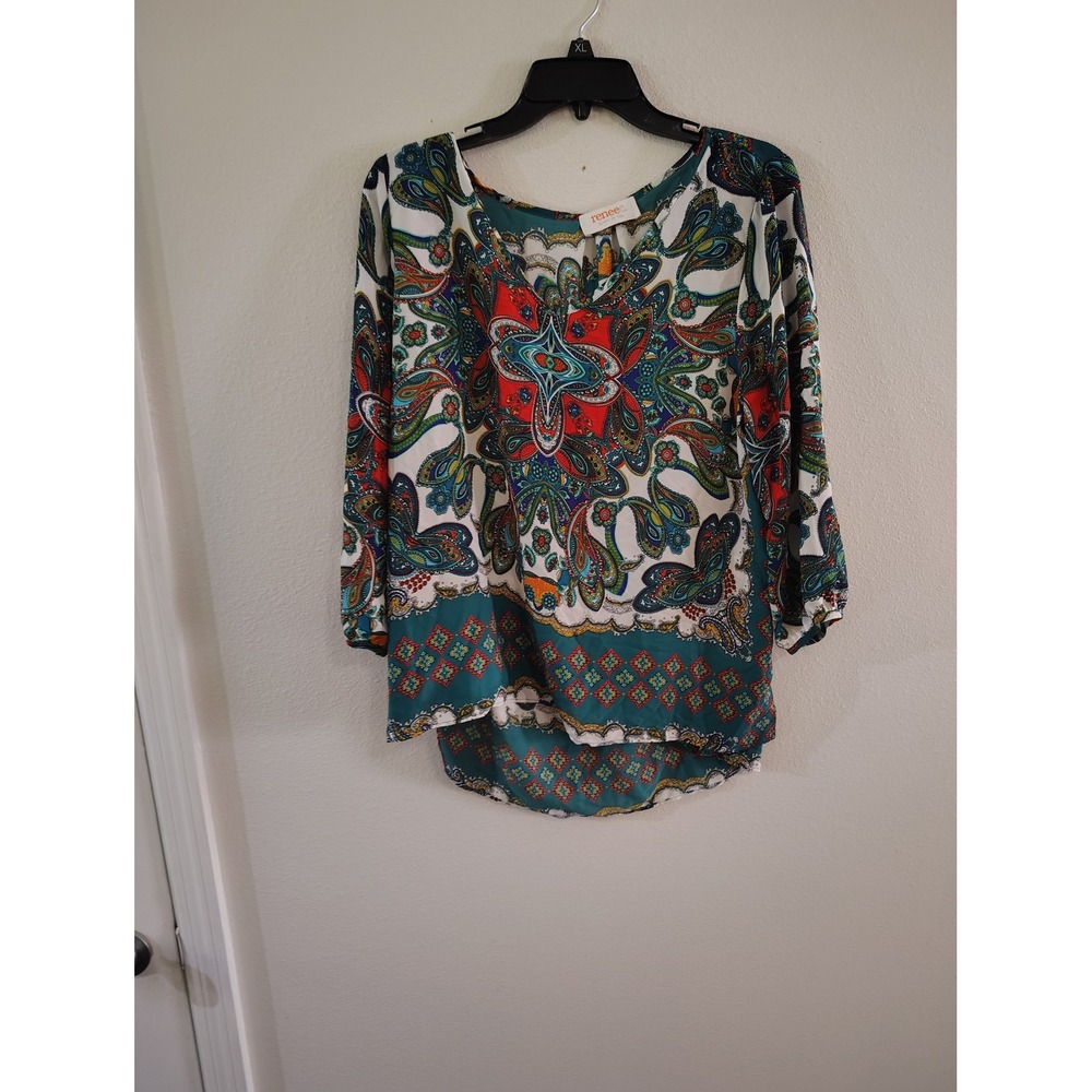 Renee C Paisley Print Blouse Womens XL Teal Multi Color High Low 3/4 Sleeve‎ Top